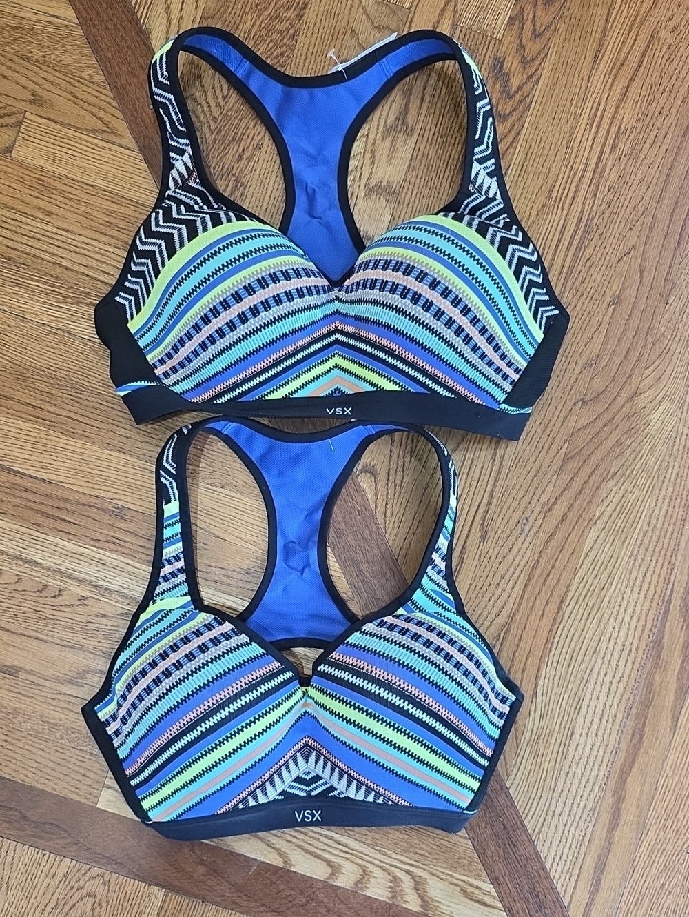 VSX Victoria’s Secret Striped Racerback Sports Bra Duo in Blue, Lime & Black